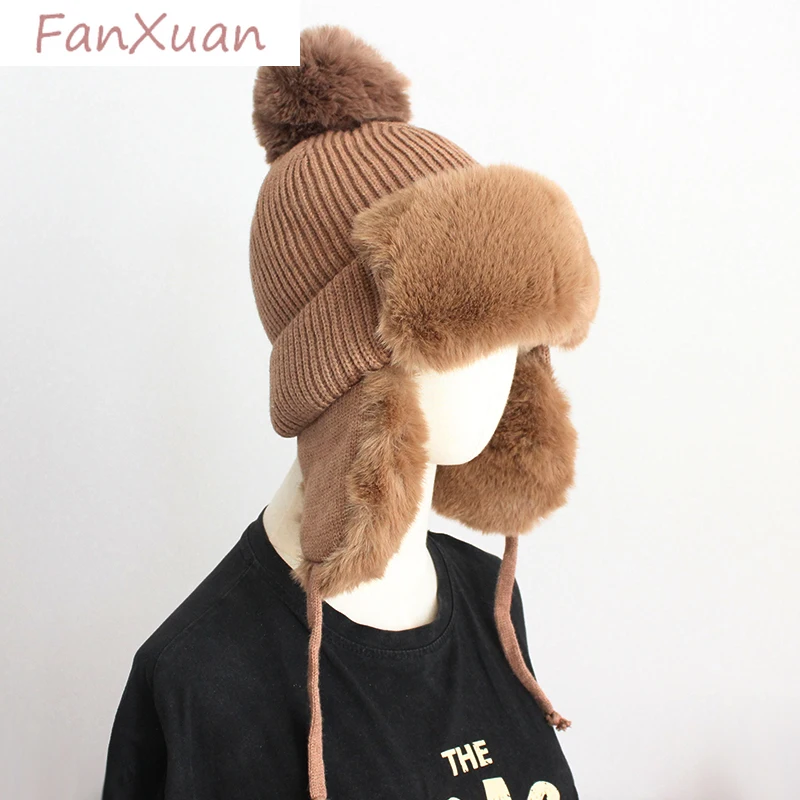 

Plush Womens Winter Hats with Ear Flaps Fluffy Bomber Hat Faux Fur Soft Bonnets for Women Russian Cap Pompom Trapper Ushanka