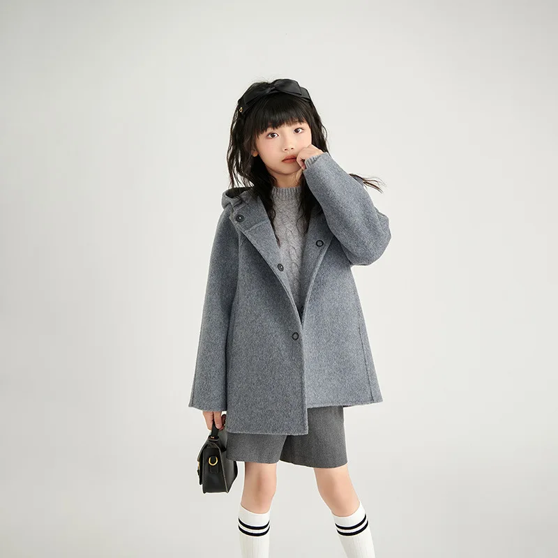 24 Autumn and Winter New Wool Reversible Woolen Coat Girls' Children's Solid Color Hooded Long Sleeve Cardigan Jac