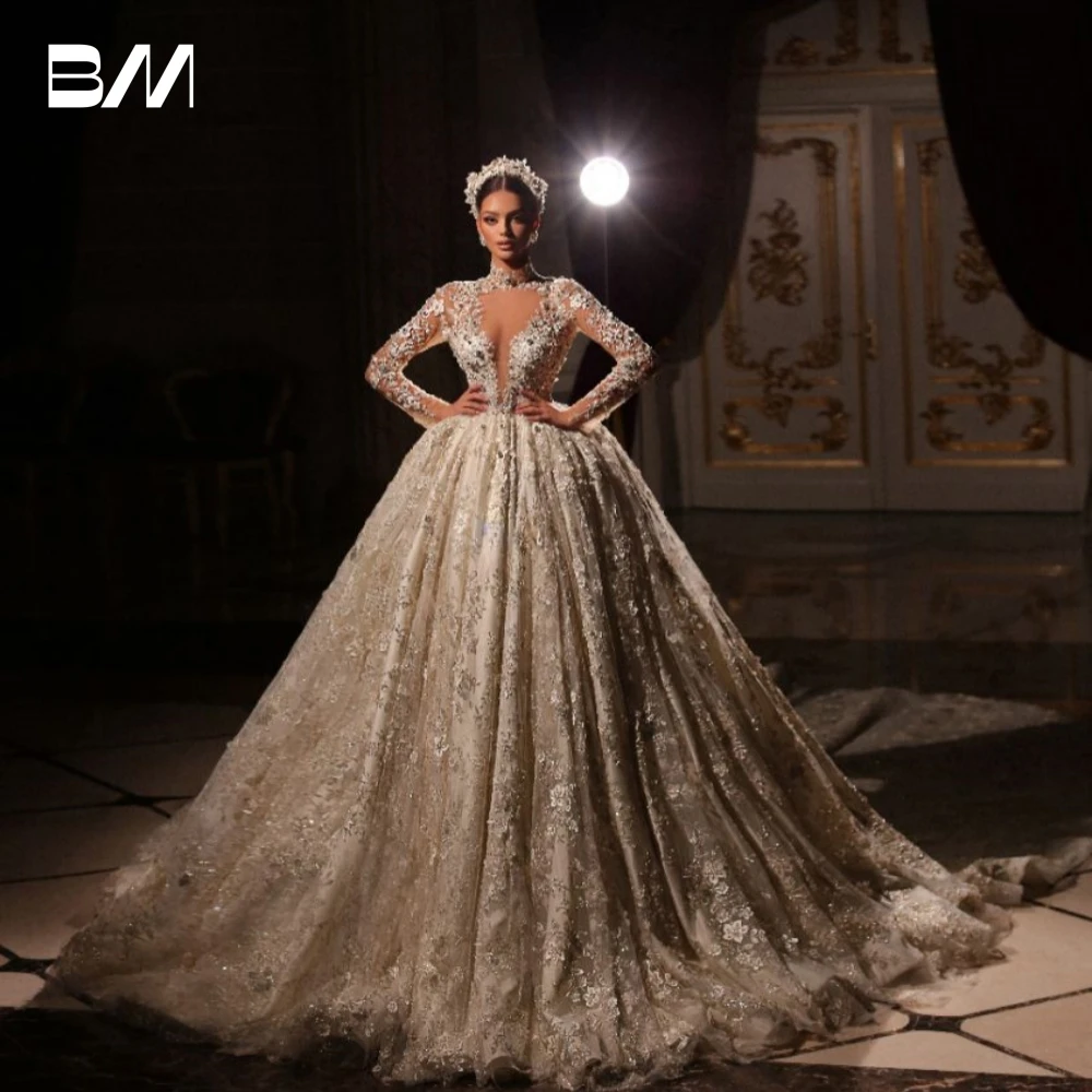 

Gorgeous High Neck Lace Beaded Wedding Dress Elegant Cut Out Shiny Ball Gown Charming Customized Illusion Sleeves Bride Wear