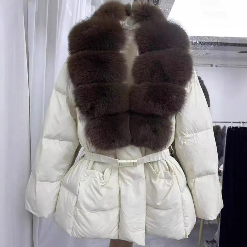 

2025 Winter New Arrival Fur Coat with Large Fox Collar White Duck Down High Waist Mid-Length Women's Warm Down Jacket