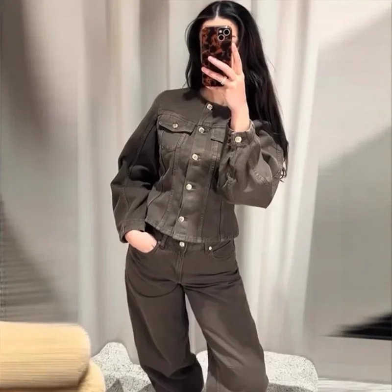 الشارع الصلبة الدنيم المرأة بنطلون البدلة Y2k س الرقبة واحدة الصدر معطف نحيف جيب مضغوط السراويل 2025 ربيع الخريف سيدة مجموعة