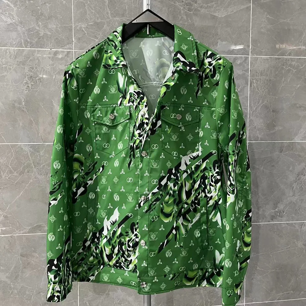 Mens Shirts Personality Pattern Full Print Trendy Green Lapel Pocket Button Design Jacket Casual Retro chic Tops New 2024 Summer