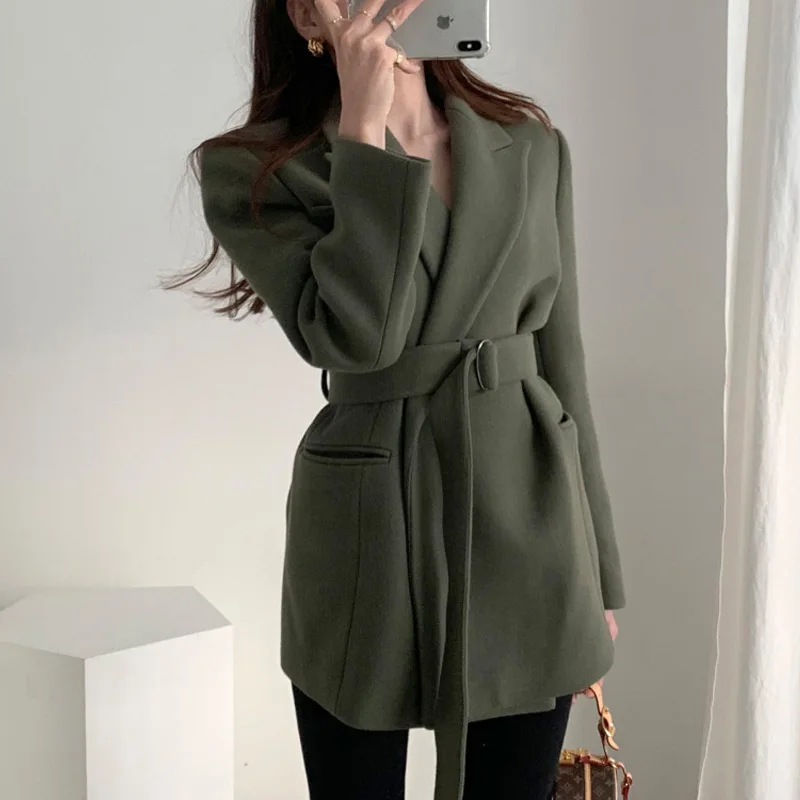 

Chic Autumn Winter Woolen Suit Jaet Women's Sle with Waist Belt Design Slimming Double ket Warm Korean Version Commute