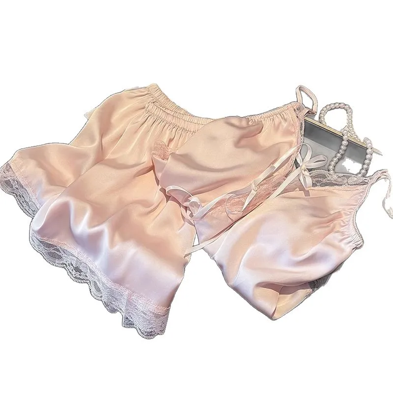 Set Piyama Wanita Mode V Leher Satin Babydoll Renda Lingerie Seksi Ikatan Simpul Baju Tidur Selempang Tidur dan Set Celana Pendek Pakaian Tidur