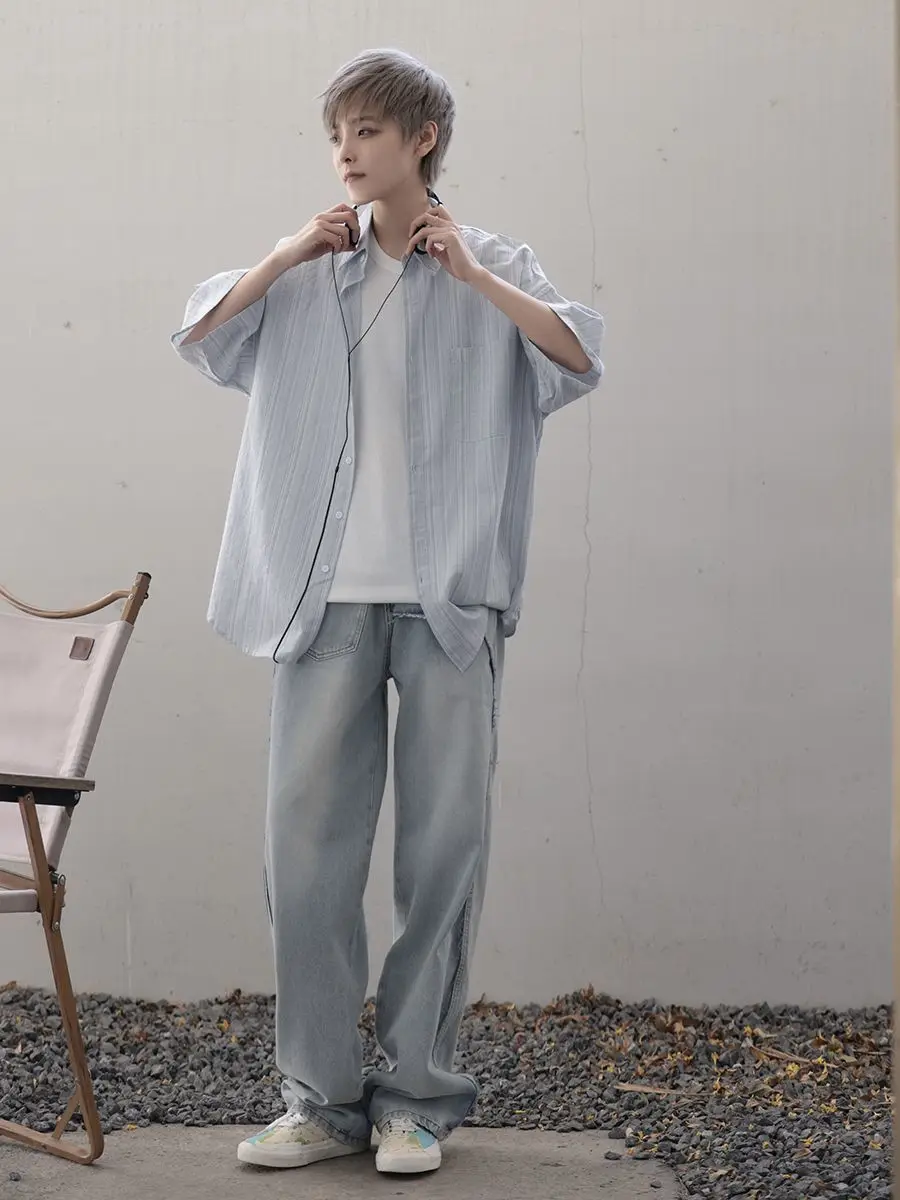 Summer and Autumn Lightweight and Elegant Japanese Style Silhouette with Loose Texture Short Sleeved Shirt for Men and Women