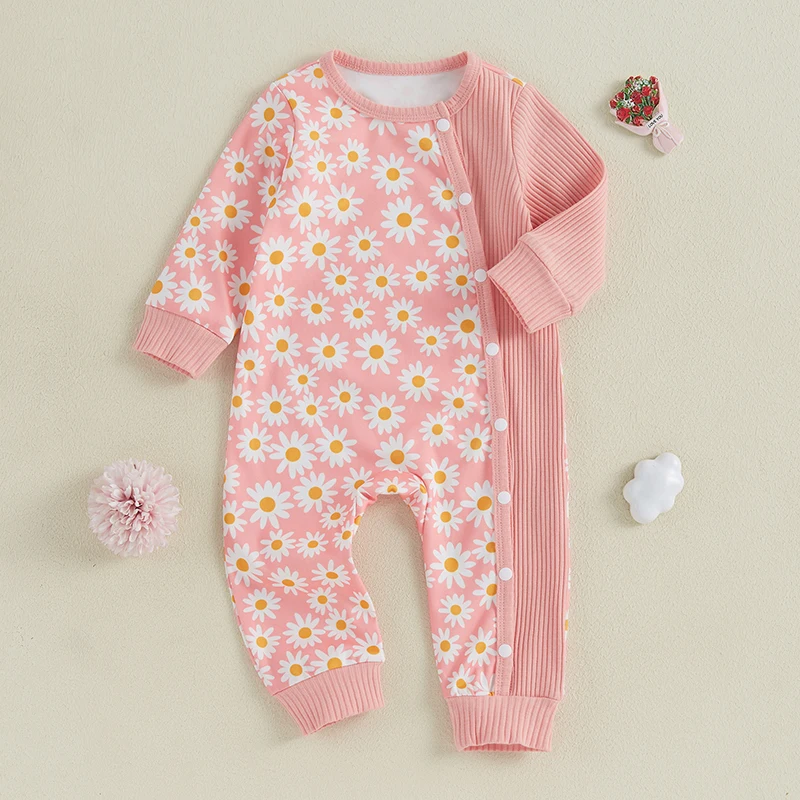 Newborn Baby Girl Clothes Long Sleeve Crew Neck Flower Print Romper Button Closure Jumpsuit Fall Winter Outfits