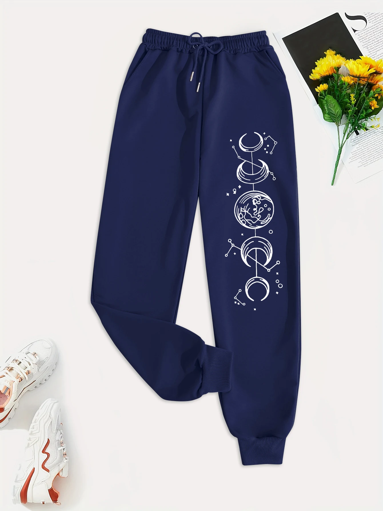 

Connected Crescents Print Casual Versatile Women Pants Fashion Trendy Hip Hop Trousers With Drawstring Pockets Sweatpants Female