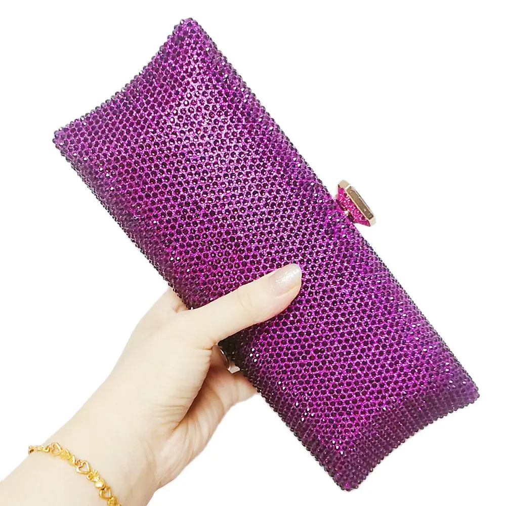 Chaliwini Fuchsia Elegant Women Long Evening Bags and Clutches Formal Dinner Crystal Clutch Purses Bridal Rhinestones Handbags