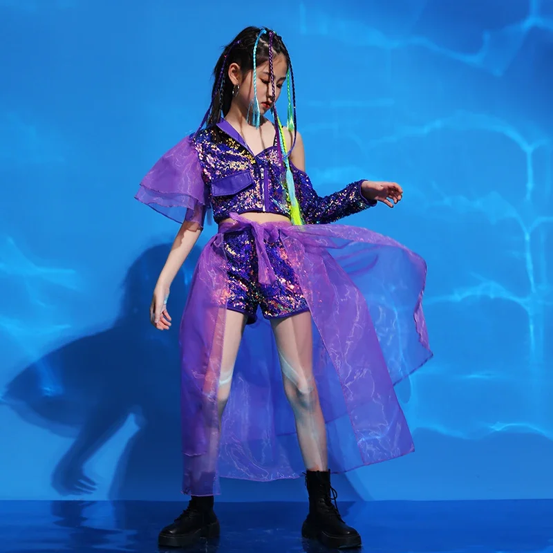 Fashion Stage Sequin mesh suits Costume Children Show Clothes Hip Hop Girl Jazz Performance Outfit Model T-Stage Clothing