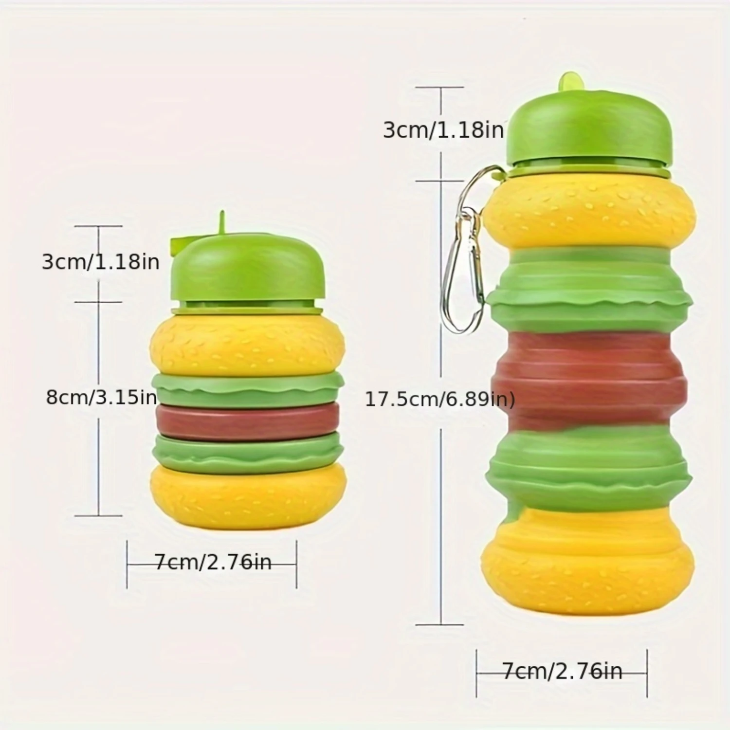 Collapsible Water Bottle 16.91oz - Reusable Leak-Proof Sports Bottle for Gym, Camping, Hiking, Travel - Burger Design with Carab