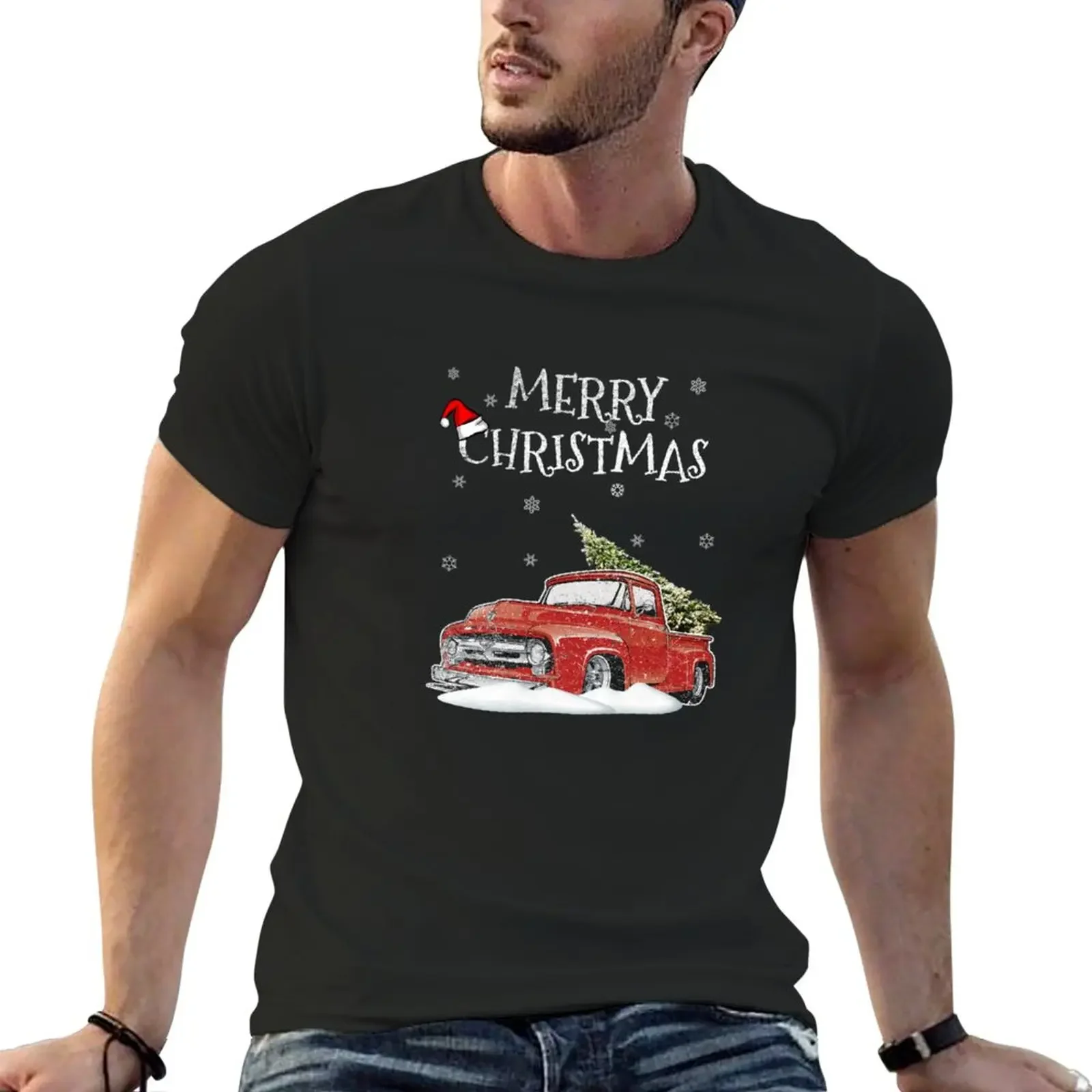 Red Vintage Truck Retro Christmas Tree Pickup Xmas T-Shirt funnys summer clothes Men's t-shirts