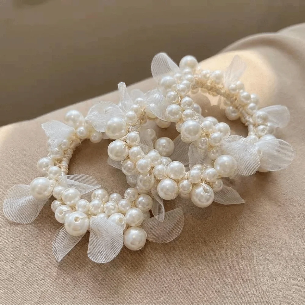 New Sweet Faux Pearl Hair Ties Beaded Hand-Woven Elastic Hair Rope Elegant Bracelet Hair Accessories Women