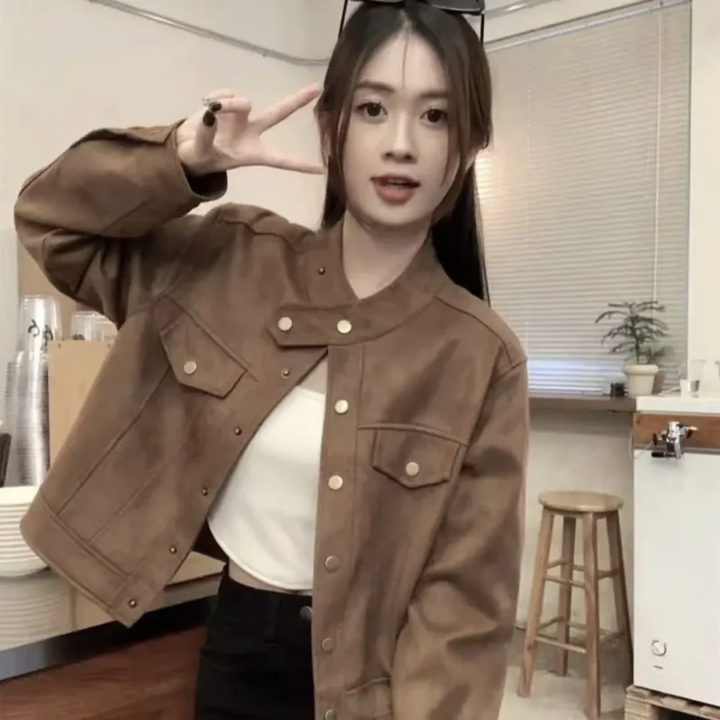 

Ретро-куртка свободного кроя в повседневном стиле с флисовой подкладкой, корейский дизайн, женская, из полиэстера, с длинными рукавами, воротник-стойка