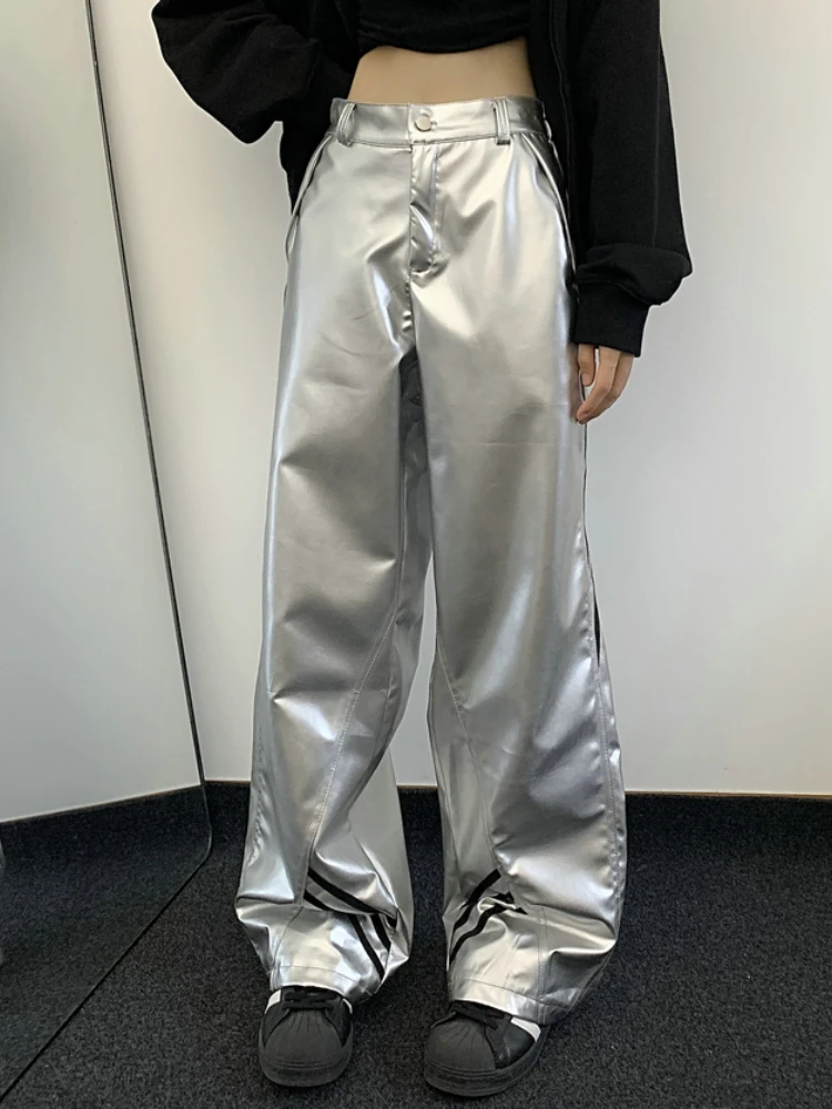 

2025 American High Street Striped Splicing Silver Pu Wide Leg Pants Spring Loose Women Trousers Casual Pants Hip Hop Streetwear