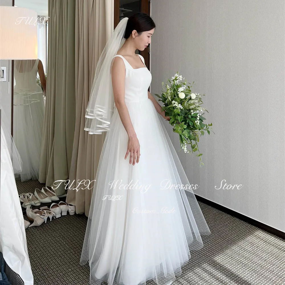 TULX Fairy A-line White Tulle Korea Wedding Dresses Photo Spaghetti Strap Long Pleat Bridal Gowns Coret Back 2025 Custom Made