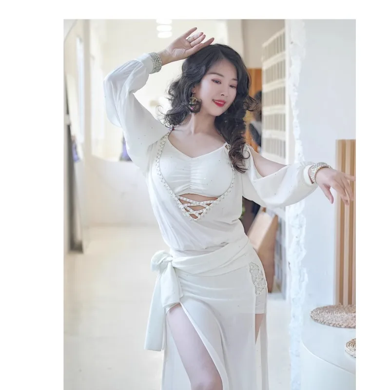 Aangepaste Buikdans Jurk V-hals Hot Diamond Split Mouw Dubbele Rok Body Taille Sjaal Hoofddoek Gewaad + Riem + Veiligheidsbroek + Vest