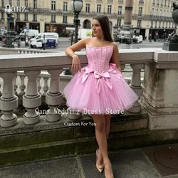 Qanz Pink Tulle Prom Dresses Bone With Bows Lace Up Back Short Women Party Gown Mini A Line Vestidos De Fiesta Customized