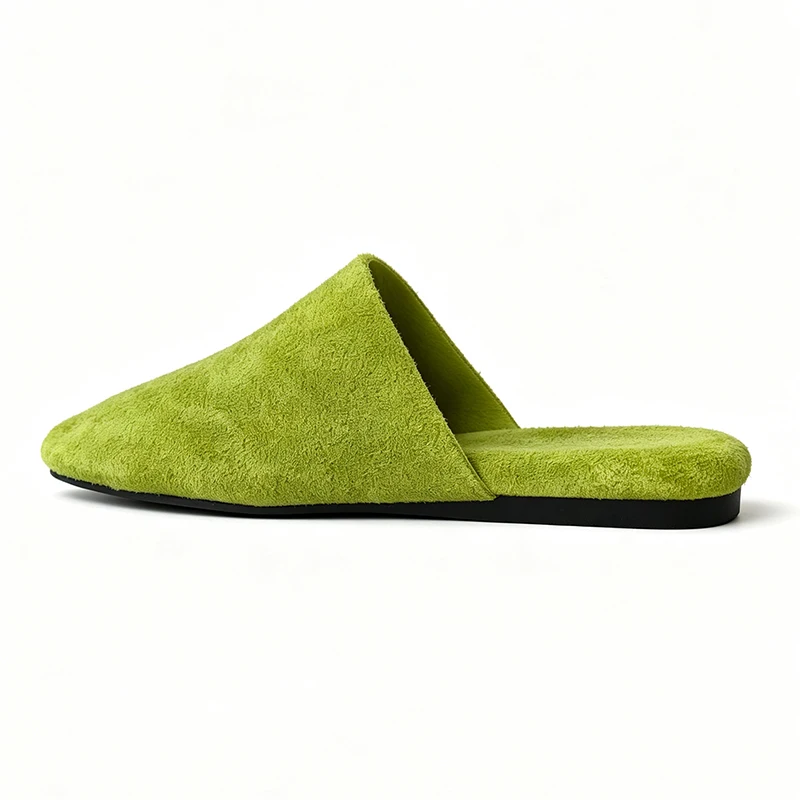 Sandálias Flat Femininas SmallHut Nova Tendência 2026 de Verão em Camurça Natural com Bico Quadrado Fechado – Mules Sexy Verdes, Rosas e Marrons