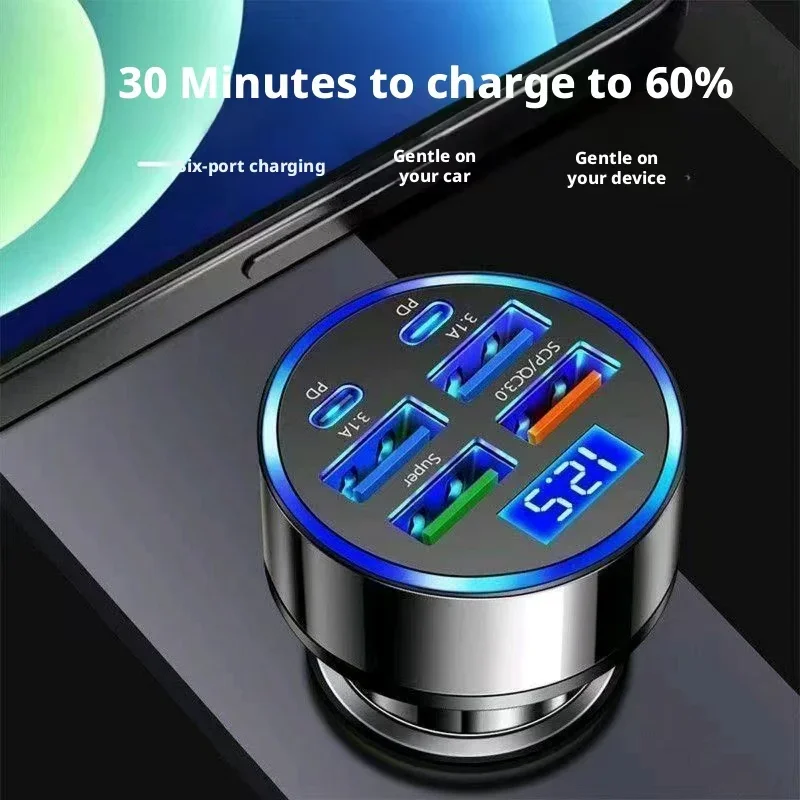 

Fast Car Charger 6USB Ports Digital Display LED Cigarette Lighter Adapter Multi-Port Quick Charge For iPhone Samsung Xiaomi