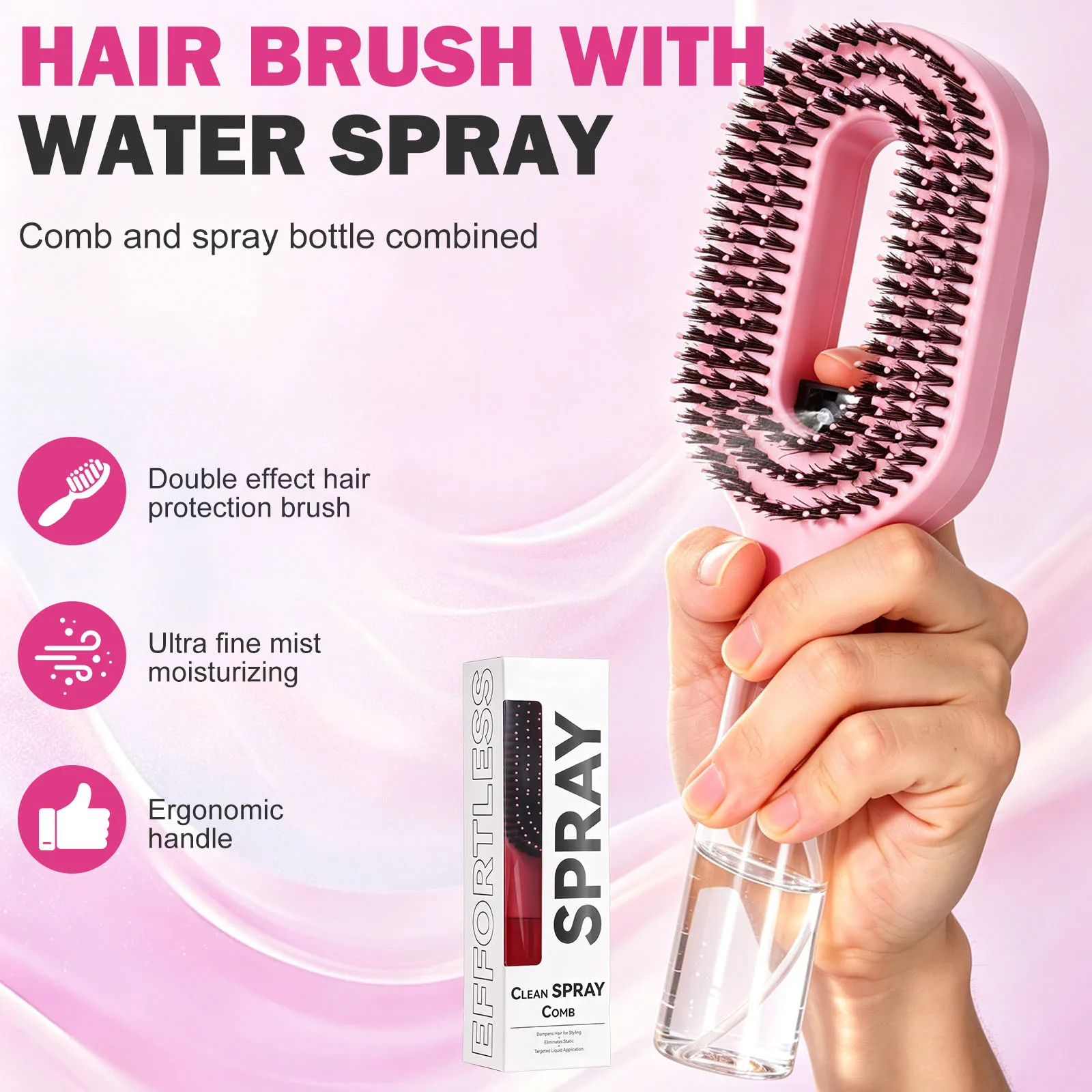 2 in 1 Hair Brush Spray Bottle Detangling Hair Comb Dual Bristle with Fine Mist Sprayer Salon Fluffy Styling Tools