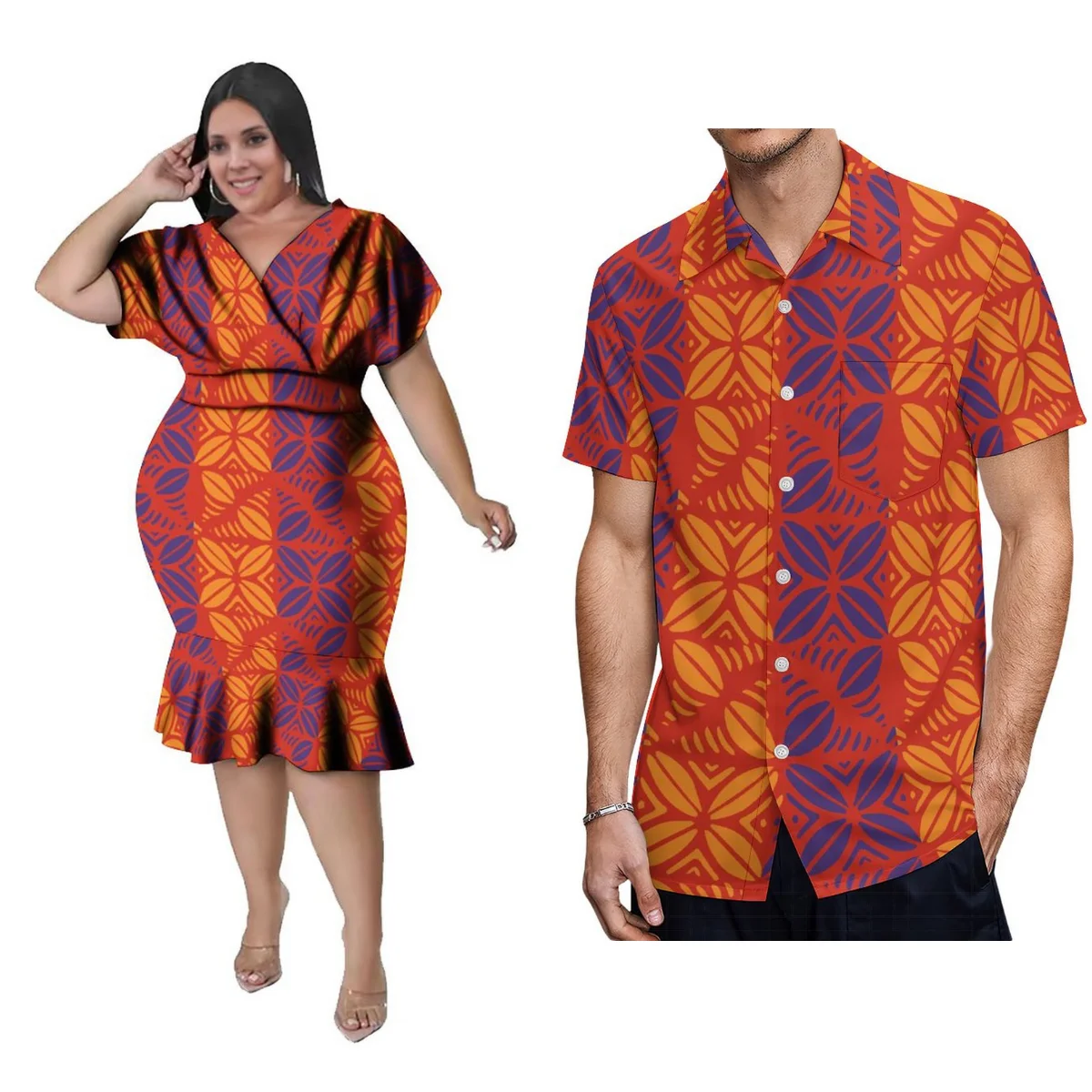 Vestido de vaina con cuello en V para mujer, estampado Vintage personalizado de islas polinesias, traje de pareja de fiesta Samoan, camisa a juego para hombre