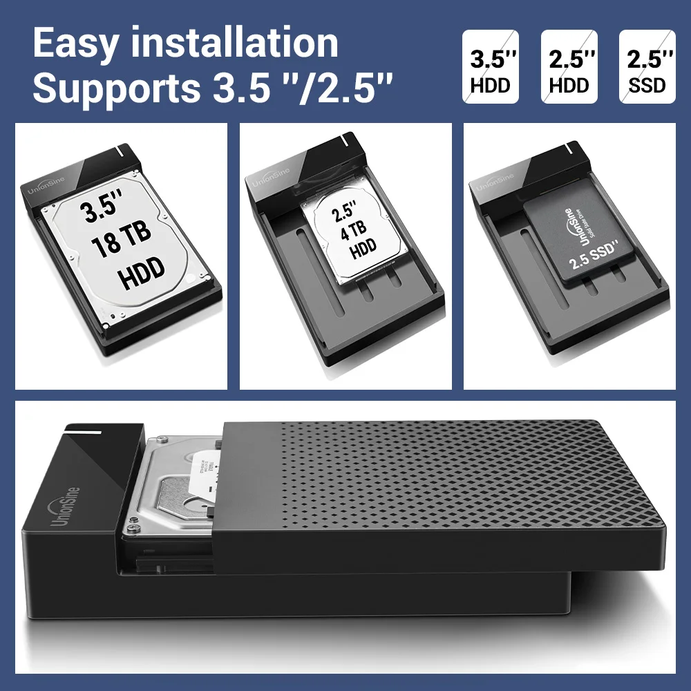 UnionSine casing HDD 3.5 ", sarung HP SATA ke USB 3.0, adaptor eksternal Hard Drive untuk PC 2.5" 3.5"