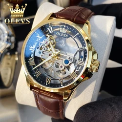 OLEVS-Relógio de pulso mecânico automático masculino, impermeável, luminoso, pulseira de couro, marca de moda, tendência