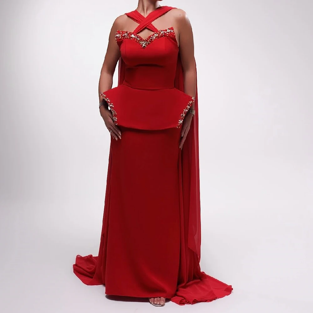 

Customized A-line Evening Dresses Floor-length V-neck Sleeveless Prom Gown Fashion Crystal Stole Draped Backless Party Gown