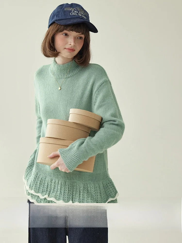 

AMUU оригинальный двухслойный шерстяной свитер с рюшами, женский зимний новый теплый длинный свек, свободный топ для поездок на работу...