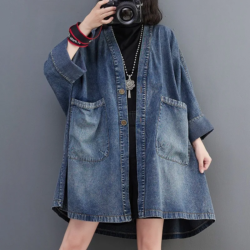 Women Vintage V Neck Denim Coat Loose Plus Size Pocket Mid Length Casual Windbreaker For Autumn