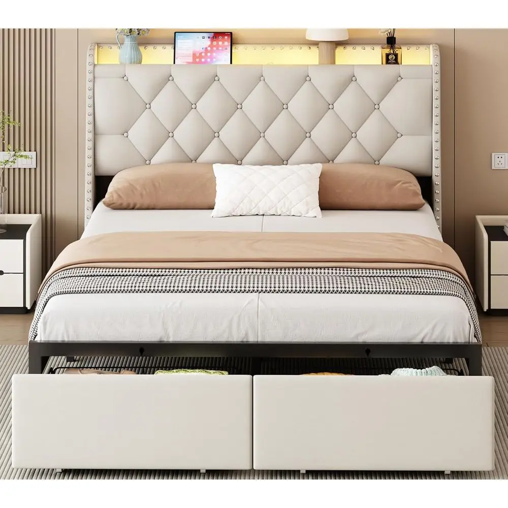 Queen Bed with Storage Drawers, LED Bed with Charging Station, Velvet Button Tufted Upholstered Headboard, Wood Slats Support No