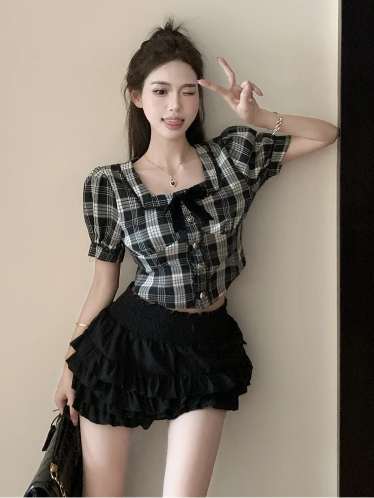 

Летний комплект для женщин: топ с пышными рукавами в клетку и юбка-кейк с завышенной талией, большие размеры, эффект стройности