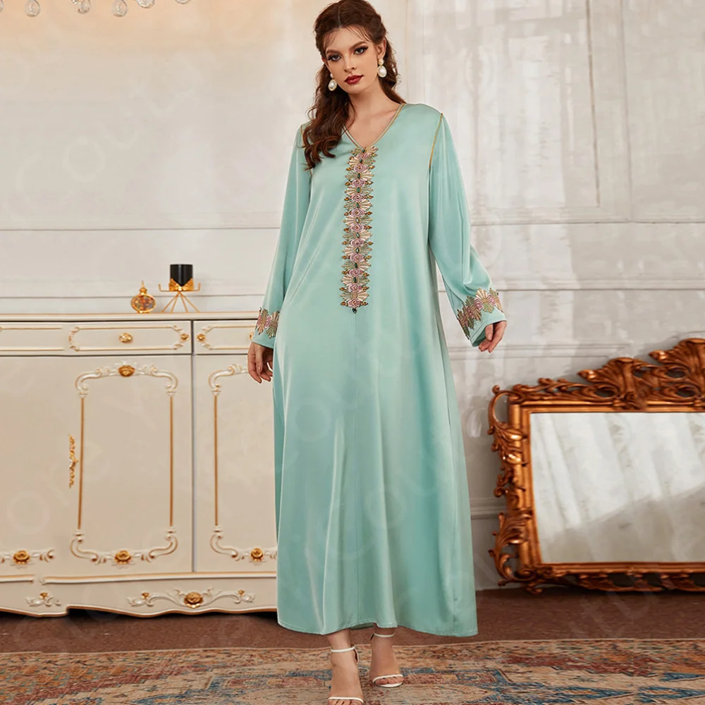 

Muslim Sky Blue Prom Dresses Long Sleeves Evening Gowns Ankle Length Saudi Arabic Birthday Party Dress V Neckline Robe de Soiree