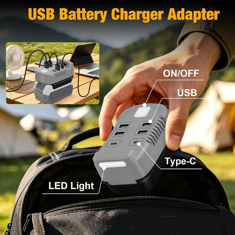 6 Ports USB Charger Adapter for Dewalt 20V Battery Portable Power Converter with USB-A & Type-C Fast Charge for Camping Travel