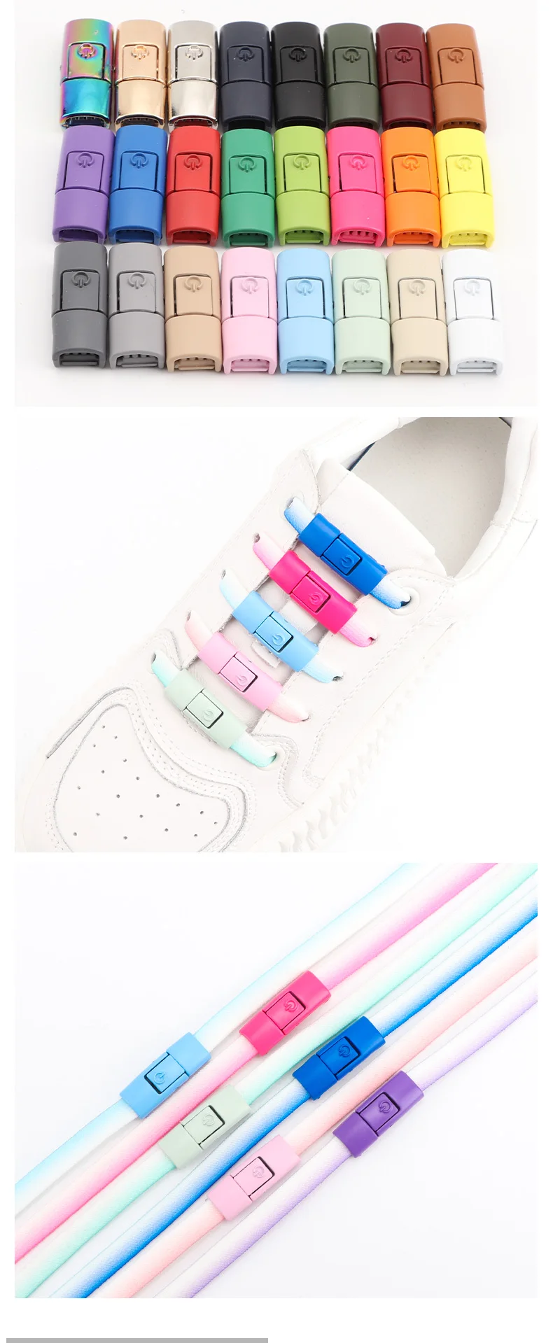 Schuheinsätze mit farbigen Metallschnallen, Schnürsenkel ohne Binden, Schnürsenkel mit Druckverschluss, elastische, flache Schnürsenkel, für Sneaker, Kinder und Erwachsene. – Detail 5