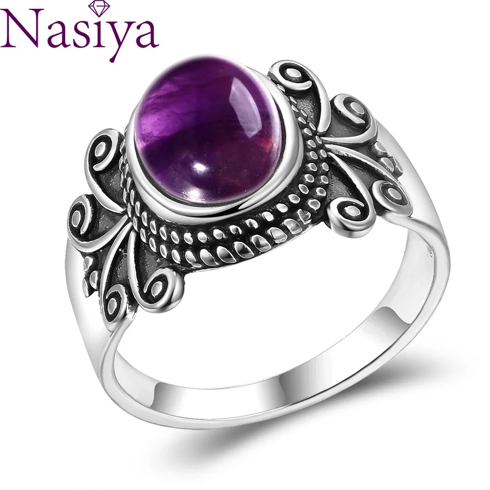 

Nasiya Antique S925 Silver Rings Oval Natural Amethyst Rings For Women Silver Color Jewelry For Party Wedding Birthday Gift