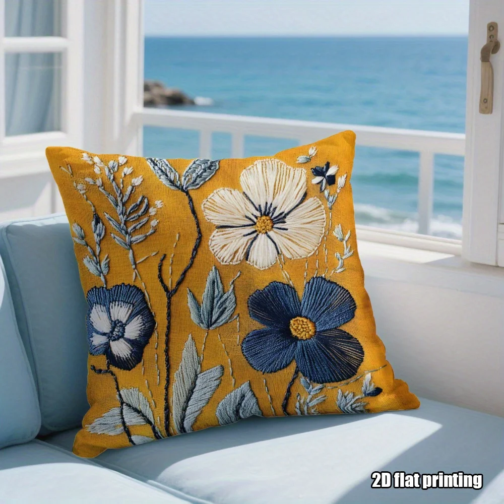 Double Sided Vintage Style Pillow Cover Yellow & Blue Wildflower Print Soft Boho Throw Pillow Case for Home Decor