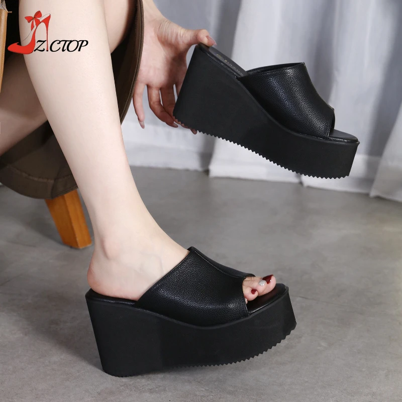

Women Platform Slippers Thick Bottom High Heels 2026 Summer Wedges Sandals Peep Toe Slip On Black Punk Goth Shoes