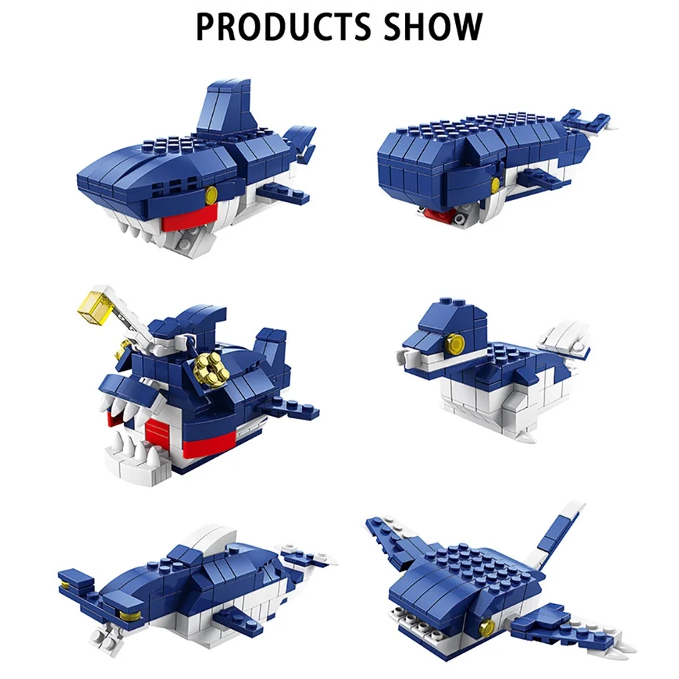 1000 قطعة 6 في 1 أسماك القرش المحيط عالم البحر اللبنات تحت سطح البحر الحيوان خلق الطوب لعبة تعليمية للأطفال