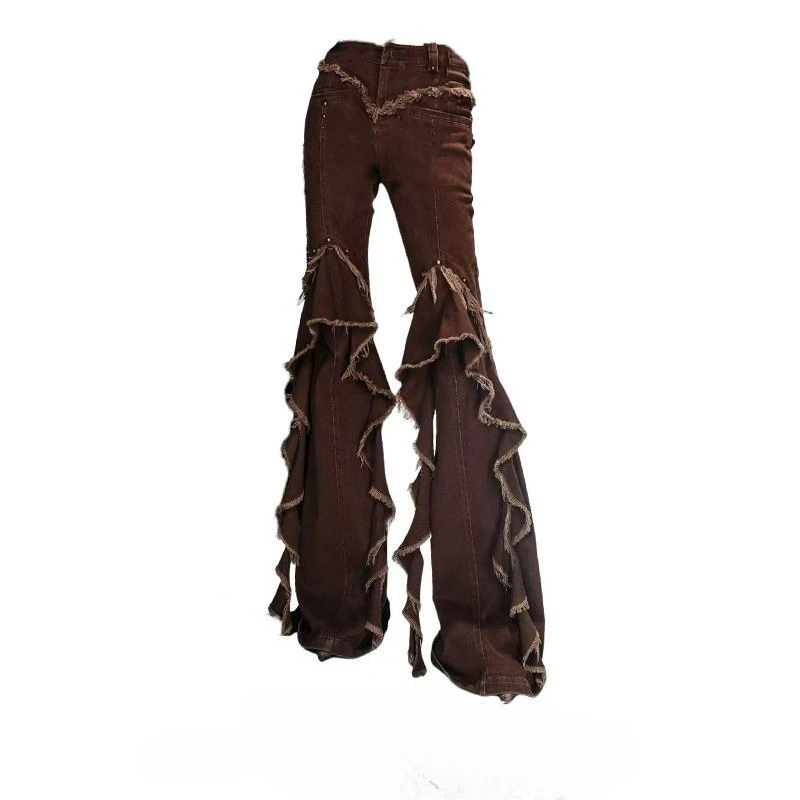 

Women's Vintage Patchwork Low Rise Flared Jeans 2025 Retro Distressed Hem Wide Leg Streetwear Baggy Floor Length Pants