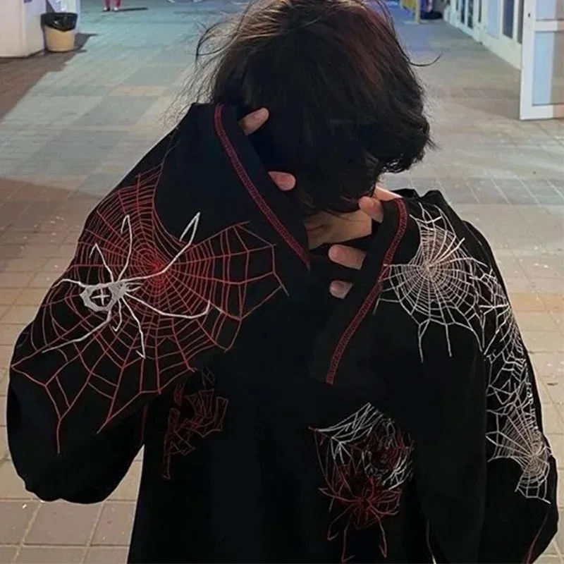 Camiseta gótica negra de calle de manga larga Y2k para mujer, camiseta con capucha a la moda, Harajuku de araña, ajustada, informal, para ir al trabajo, diseño americano