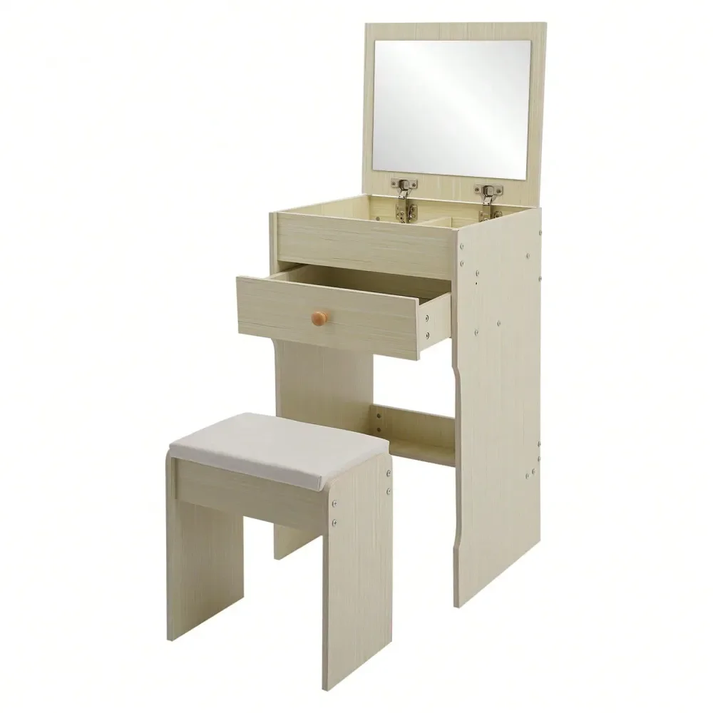 

3 In 1 Vanity Desk With Mirror Compact Vanity 15.8inch With Flip Top Storage Black Walnut Makeup Table With Stool For Small Spa