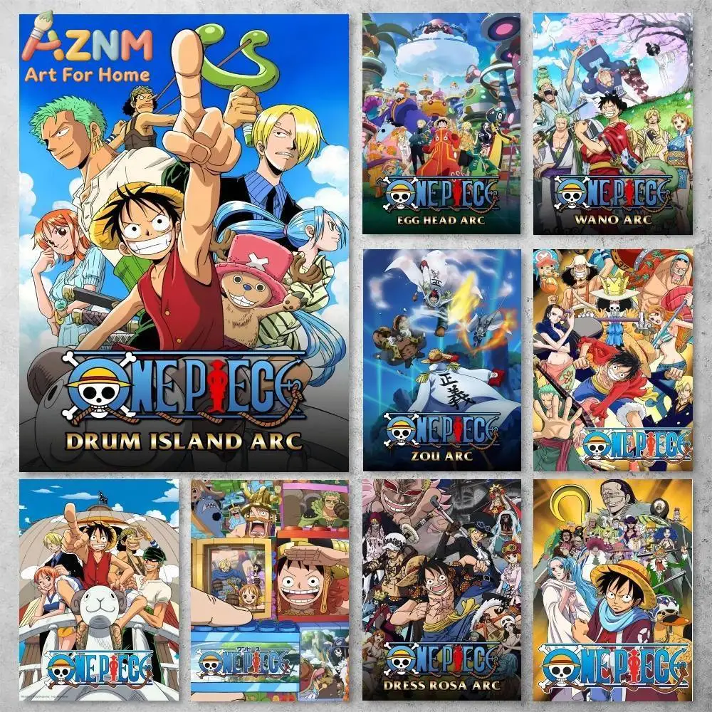 AZNM One Piece Anime Arc Series Wano Egghead Zou Dressrosa Straw Hat Crew Canvas Wall Art Print Unframed Canvas Painting For Hom