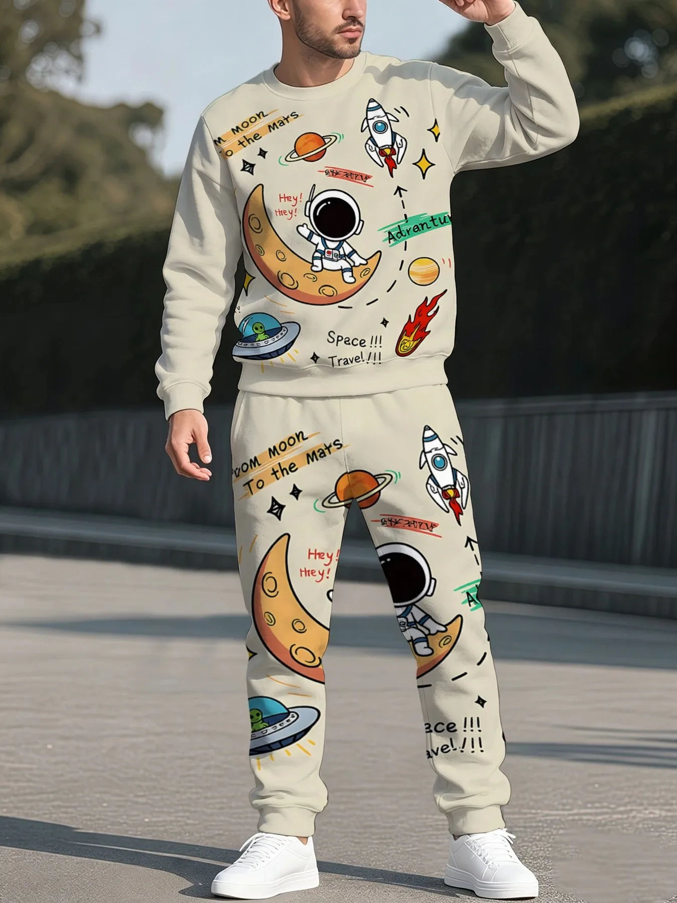 2026 autumn and winter new style street sports fashion versatile 3D astronaut pattern printed men's round neck sweater set