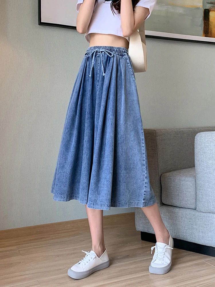 Cropped Jeans Women's Summer Thin Style High Waisted Waist Strap Wide Leg Pants Loose Large Temperament Octuple Pants Skirt