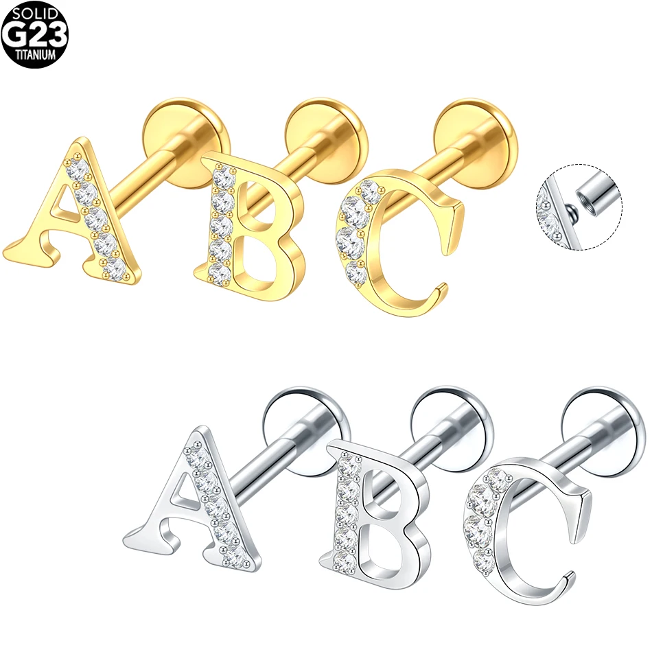 Pendientes clásicos de titanio con letras en inglés para mujer, aretes de cartílago de oreja, hilo interno, labio, joyería para Piercing Labret, 1 ud./5 uds.