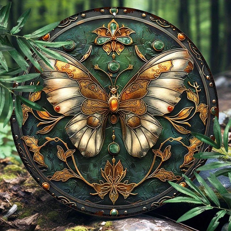 Art Nouveau Butterfly Aluminum Wall Sign - 8-inch Round Metal Art Decor, Waterproof & UV Resistant for Indoor & Outdoor Use