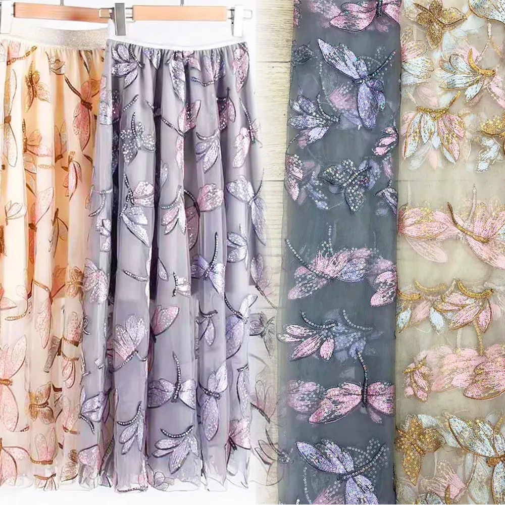 살구색 메쉬 잠자리 패턴 자수 스팽글 레이스 원단, 신제품 패션 절묘한 구슬, DIY 신부 웨딩 원피스 액세서리