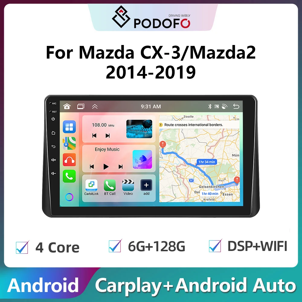 

Podofo 2din Android Car Radio For Mazda CX-3/Mazda2 2014-2019 Carplay Stereo Player Autoradio WIFI GPS Navigation FM/RDS