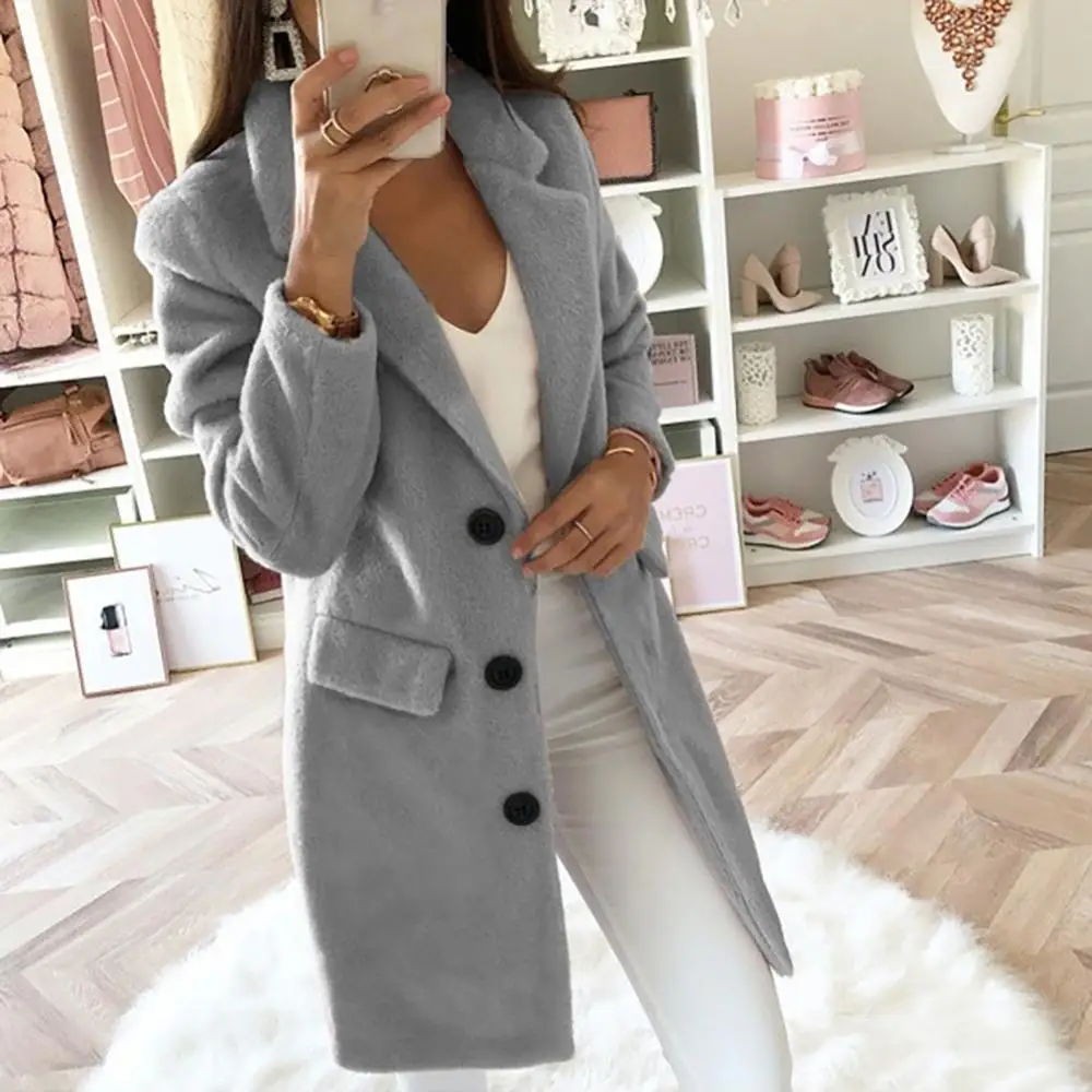 Autumn Winter Solid Color Long Women Coat Warm Jacket Casual Open Front Lapel